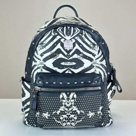 MCM Black White Leather Medium Backpack - Picture 1 of 8